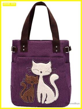 Canvas Tote Handbag with Cat Embroidery, Large Travel Work Bag Zipper